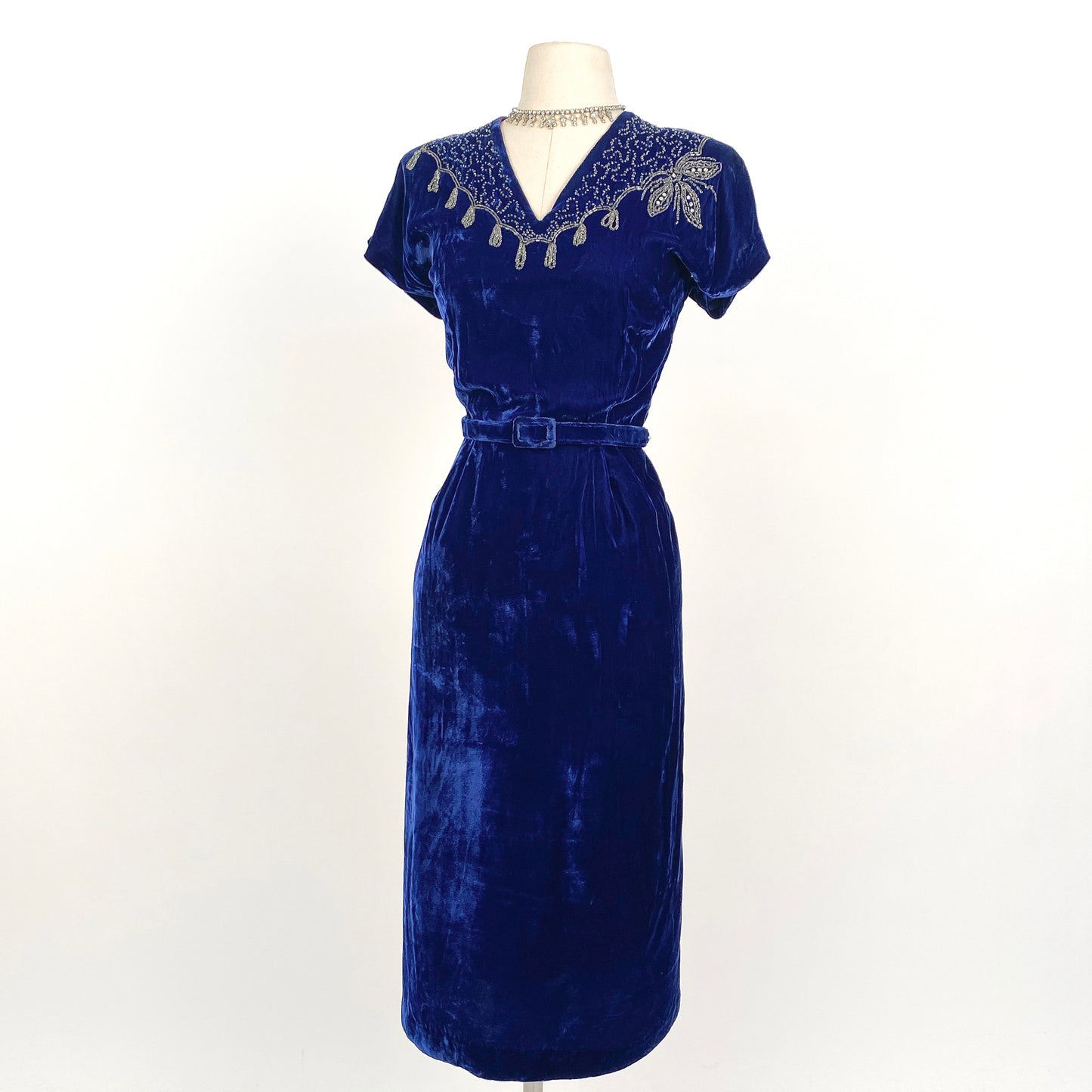 1940s Blue Velvet Dress with Beaded Neckline / Waist 30