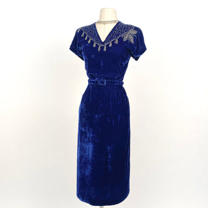 1940s Blue Velvet Dress with Beaded Neckline / Waist 30