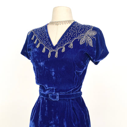 1940s Blue Velvet Dress with Beaded Neckline / Waist 30