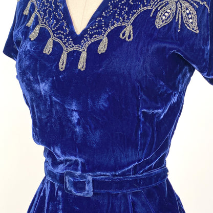 1940s Blue Velvet Dress with Beaded Neckline / Waist 30