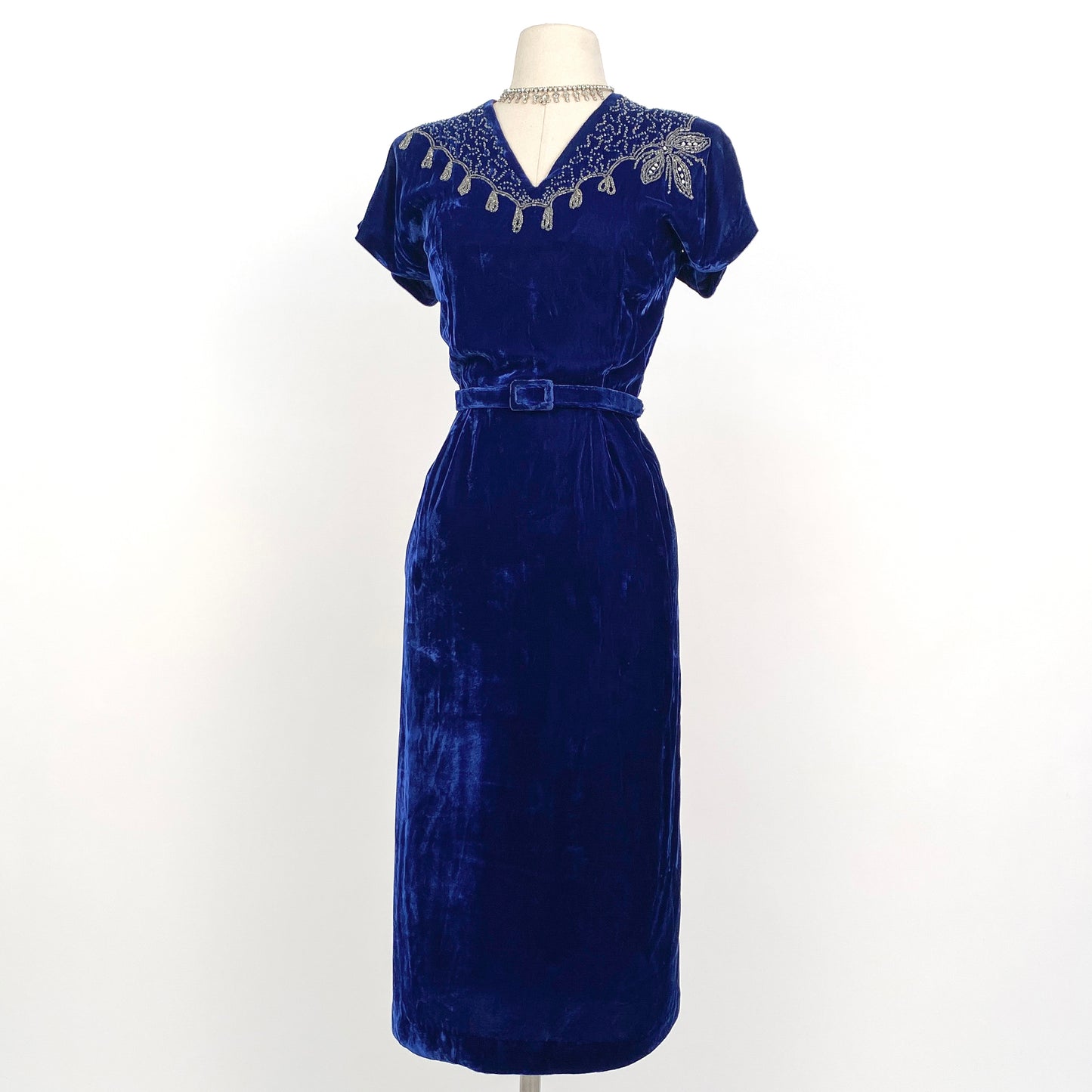 1940s Blue Velvet Dress with Beaded Neckline / Waist 30