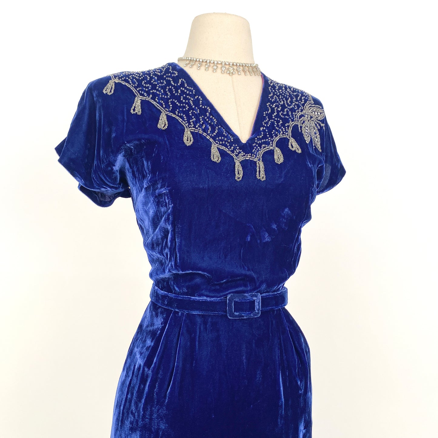 1940s Blue Velvet Dress with Beaded Neckline / Waist 30