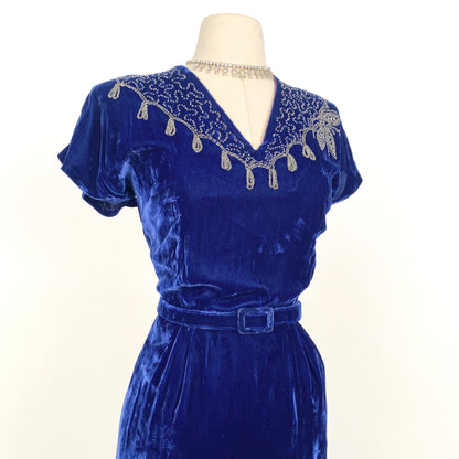 1940s Blue Velvet Dress with Beaded Neckline / Waist 30