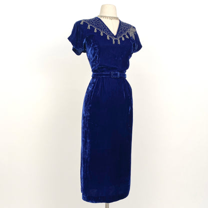 1940s Blue Velvet Dress with Beaded Neckline / Waist 30
