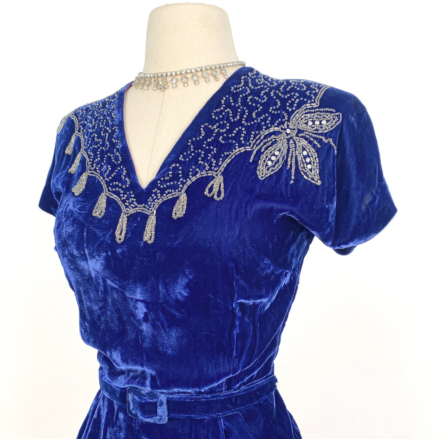 1940s Blue Velvet Dress with Beaded Neckline / Waist 30