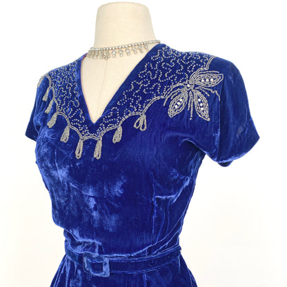1940s Blue Velvet Dress with Beaded Neckline / Waist 30