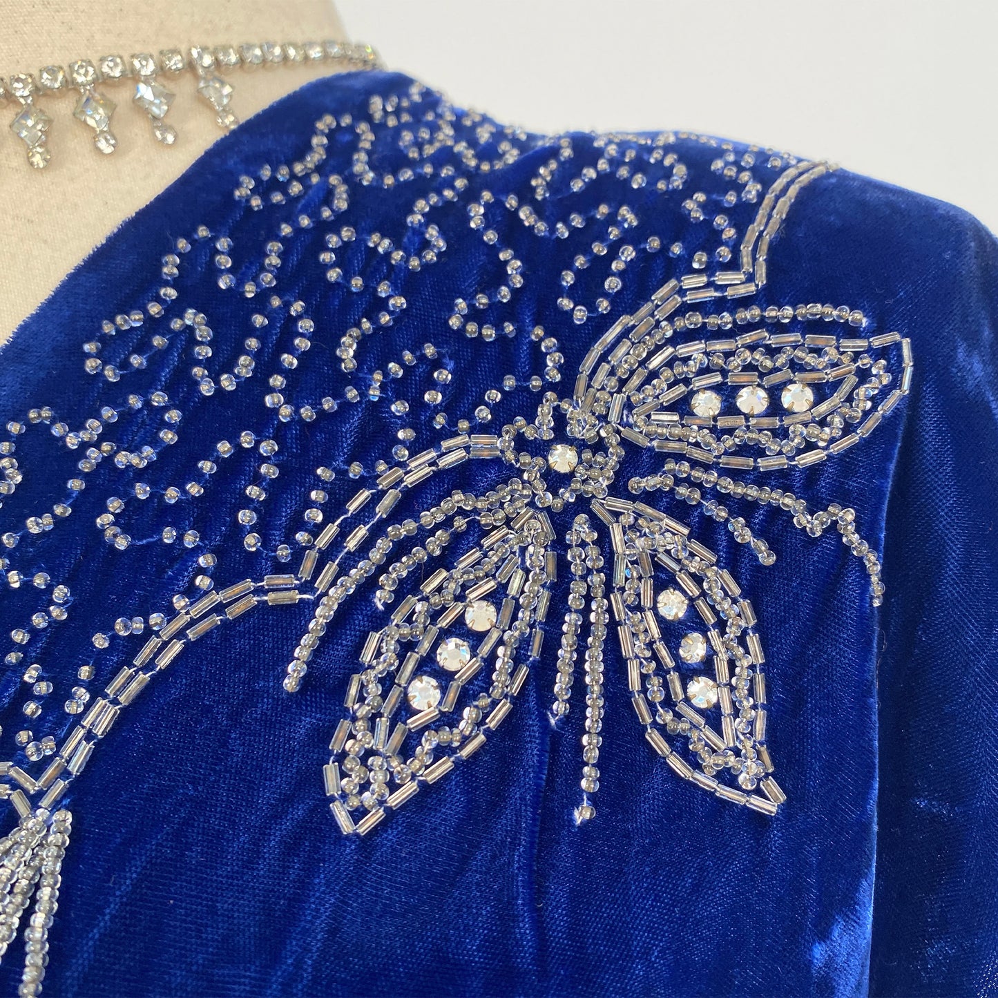 1940s Blue Velvet Dress with Beaded Neckline / Waist 30