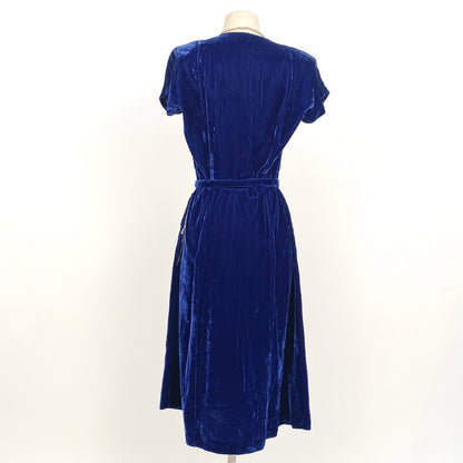 1940s Blue Velvet Dress with Beaded Neckline / Waist 30
