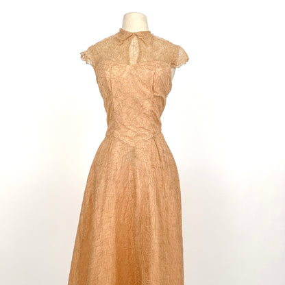 1940-50s Champagne Lace and Taffeta Dress / Waist 26