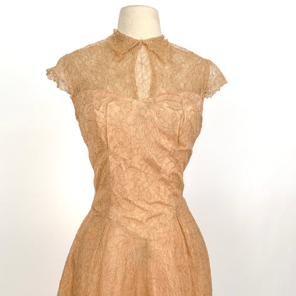 1940-50s Champagne Lace and Taffeta Dress / Waist 26