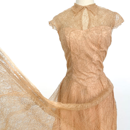 1940-50s Champagne Lace and Taffeta Dress / Waist 26