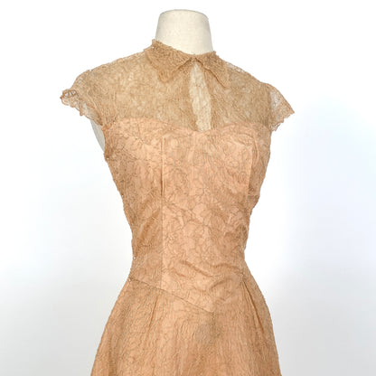 1940-50s Champagne Lace and Taffeta Dress / Waist 26