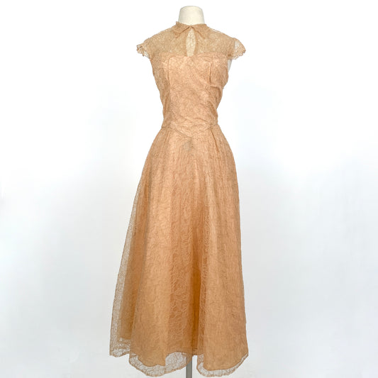 1940-50s Champagne Lace and Taffeta Dress / Waist 26