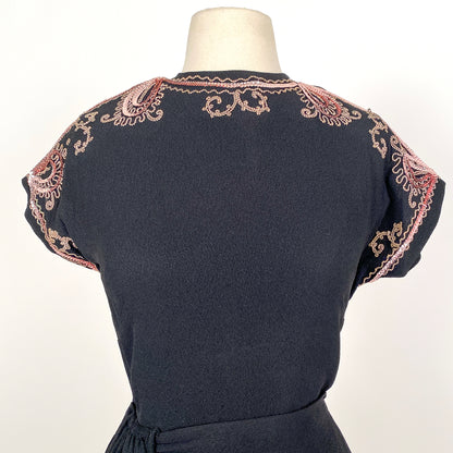 1940s Black Crepe Dress with Pink Sequins / Waist 28