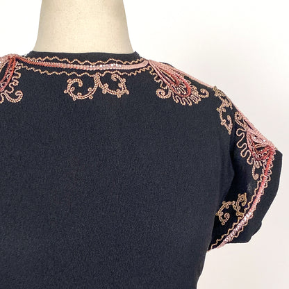 1940s Black Crepe Dress with Pink Sequins / Waist 28