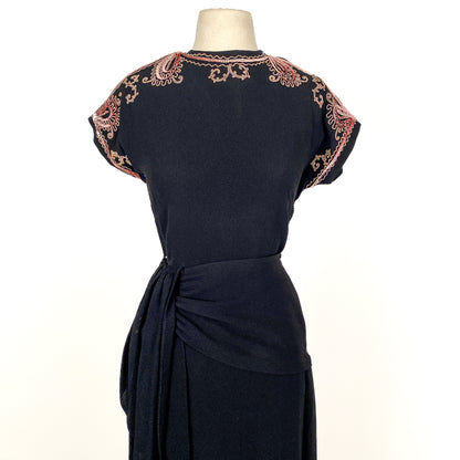1940s Black Crepe Dress with Pink Sequins / Waist 28