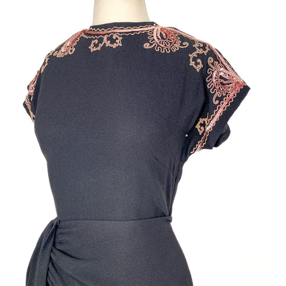 1940s Black Crepe Dress with Pink Sequins / Waist 28