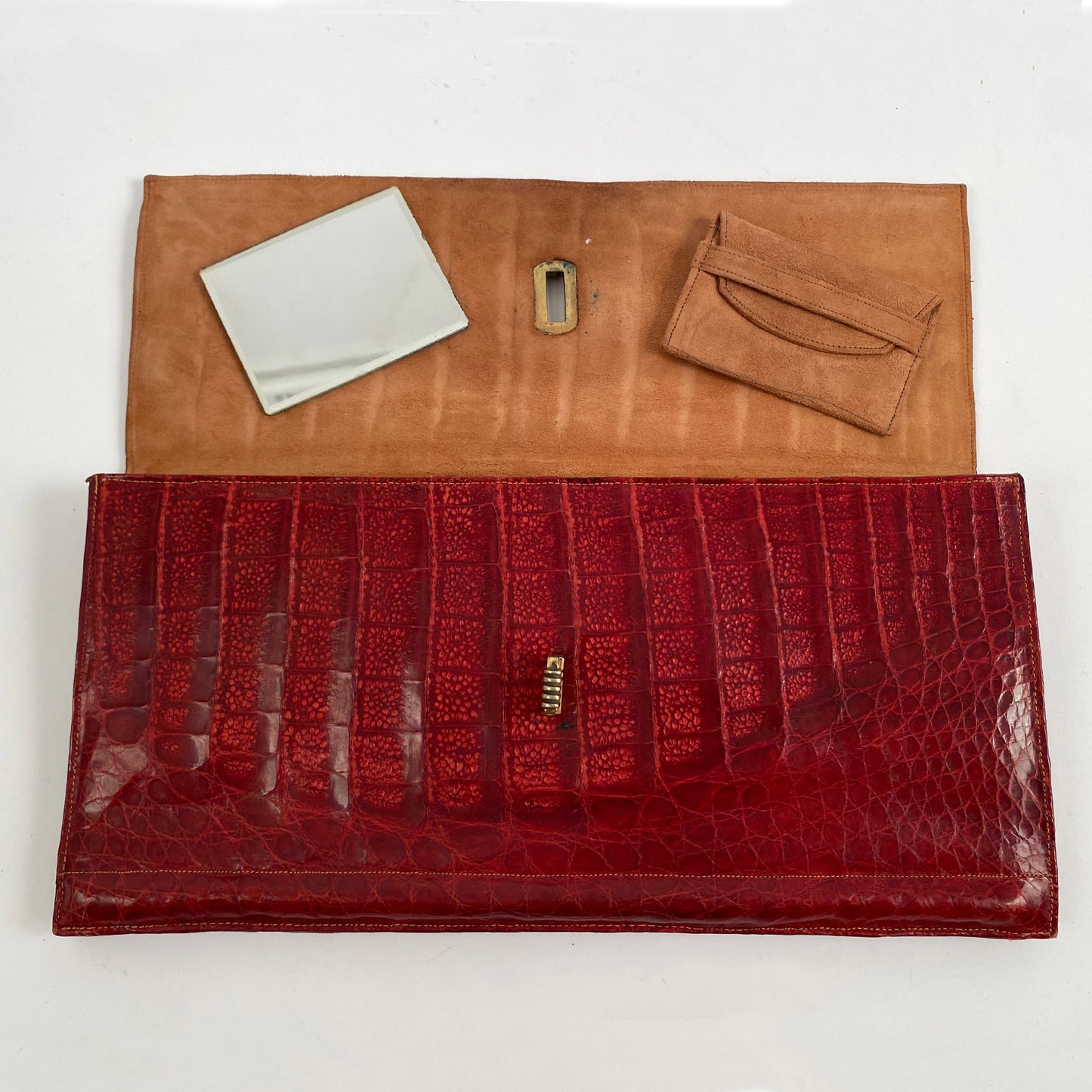 1940s Striking Red Leather Clutch with Suede Lining