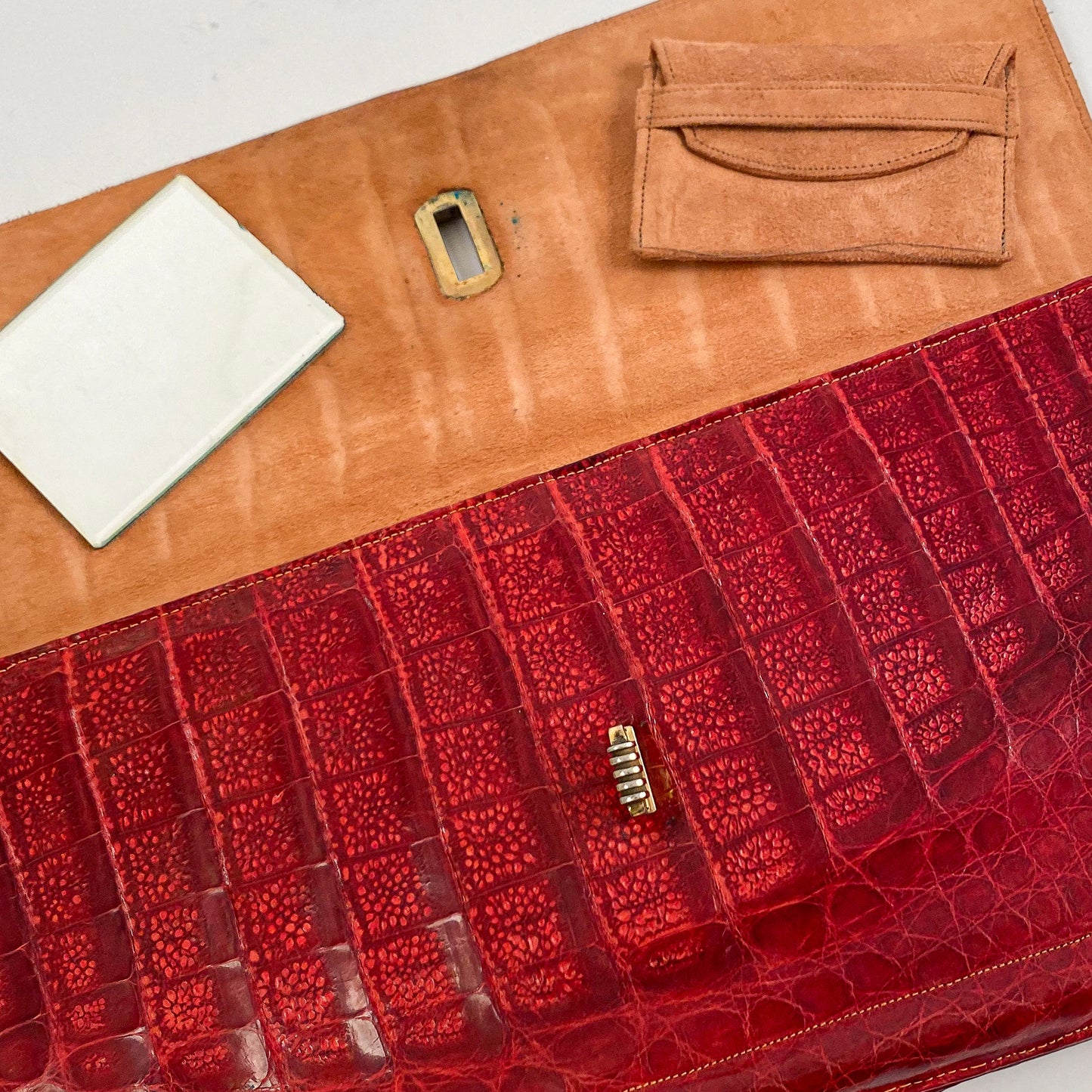 1940s Striking Red Leather Clutch with Suede Lining