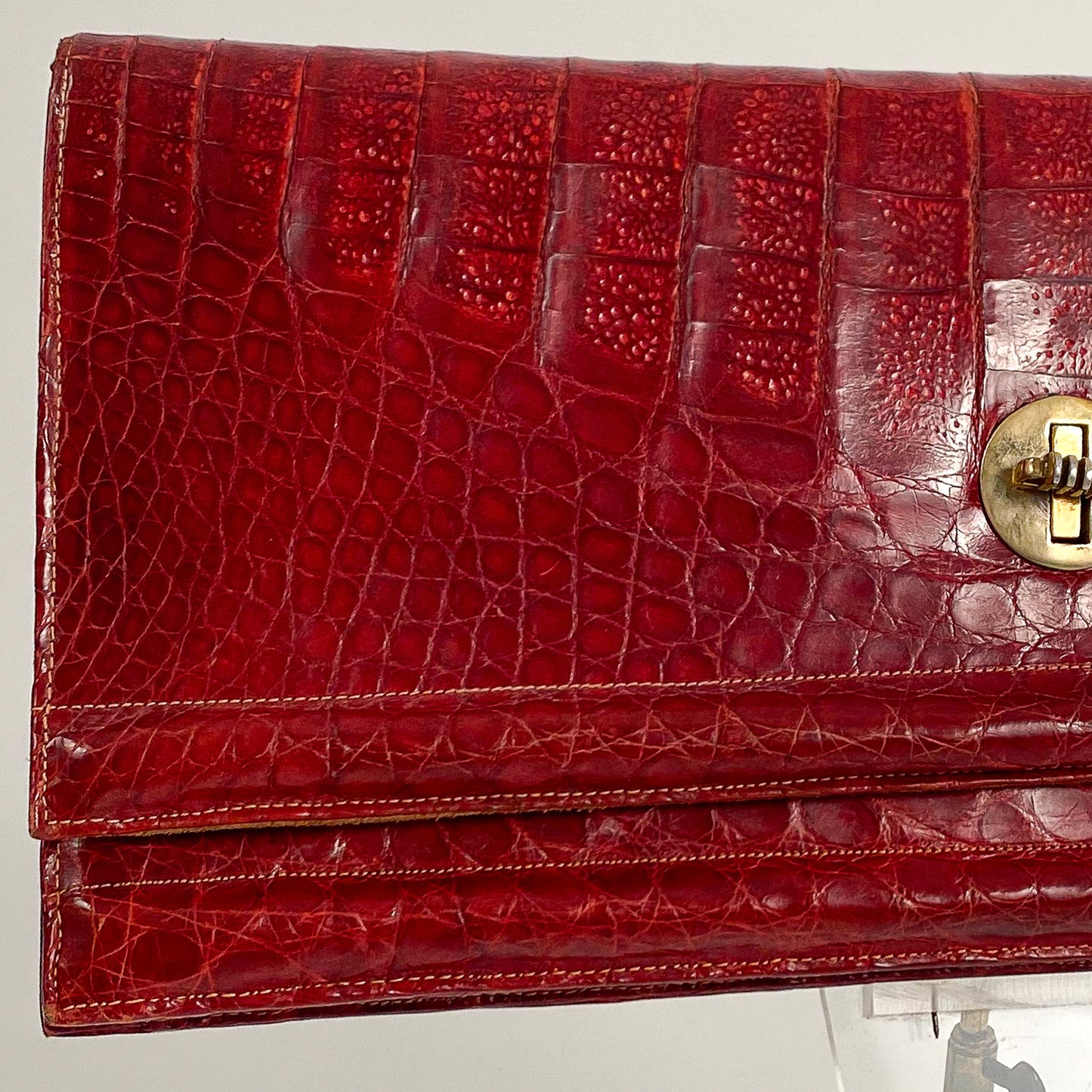1940s Striking Red Leather Clutch with Suede Lining