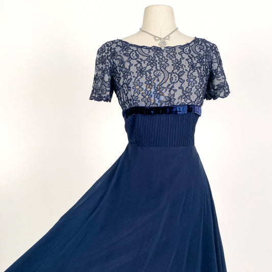 1950s Navy Lace and Chiffon Dress / Waist 26