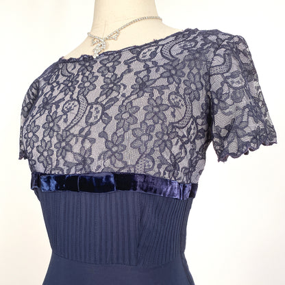 1950s Navy Lace and Chiffon Dress / Waist 26
