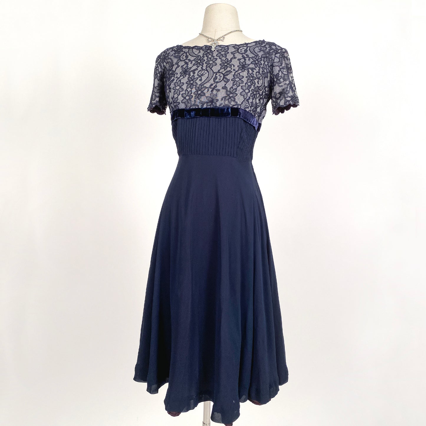 1950s Navy Lace and Chiffon Dress / Waist 26