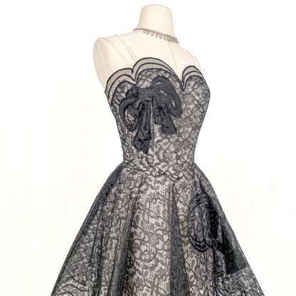 1950s Black Lace and Tulle Gown by Emma Domb / Waist 28