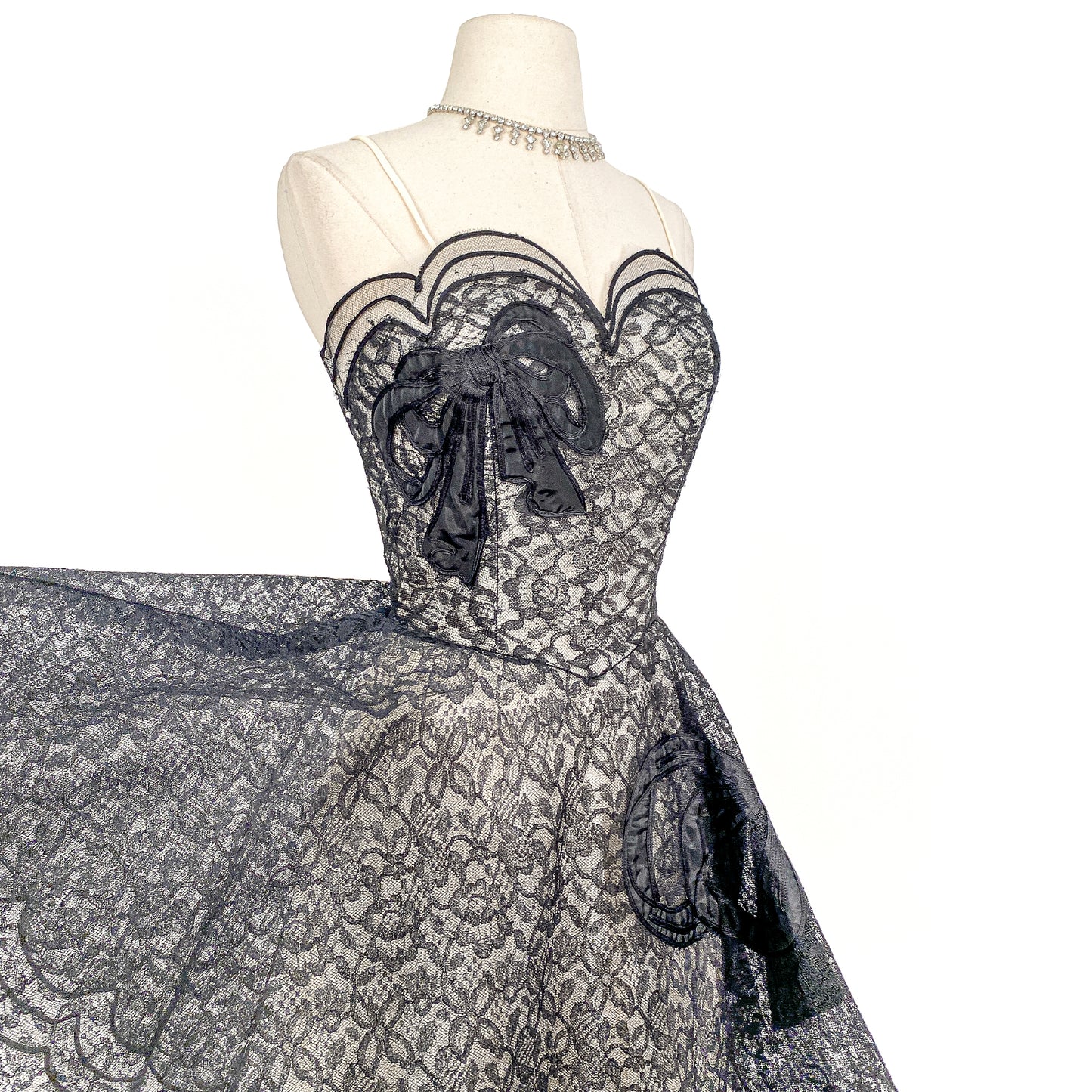 1950s Black Lace and Tulle Gown by Emma Domb / Waist 28