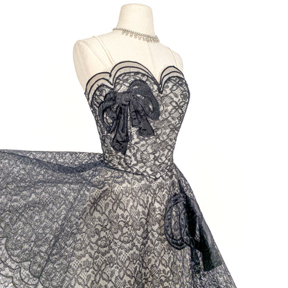 1950s Black Lace and Tulle Gown by Emma Domb / Waist 28