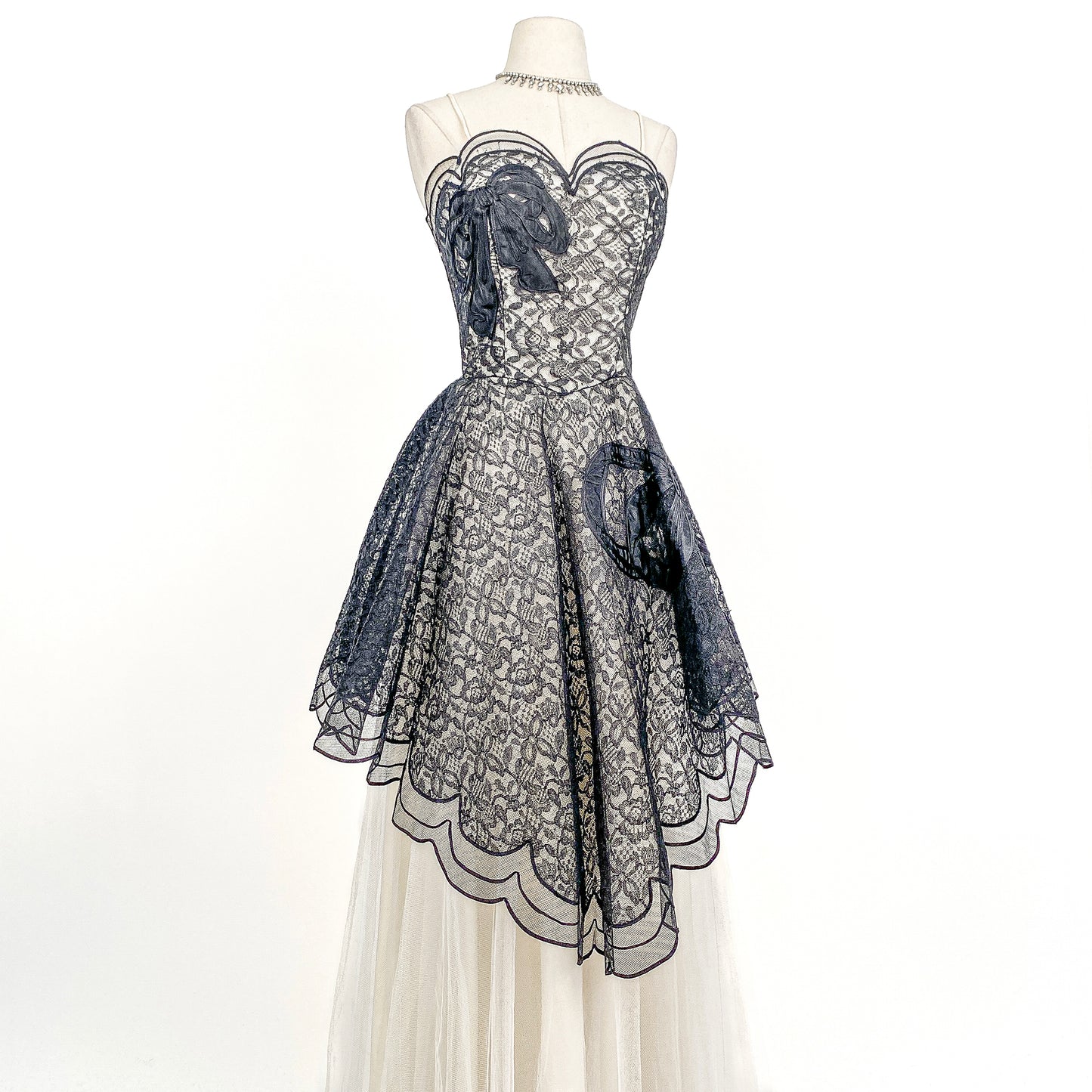 1950s Black Lace and Tulle Gown by Emma Domb / Waist 28