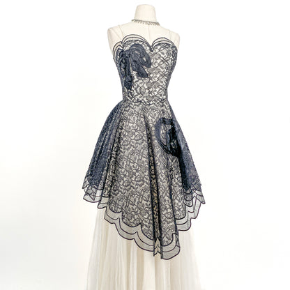1950s Black Lace and Tulle Gown by Emma Domb / Waist 28
