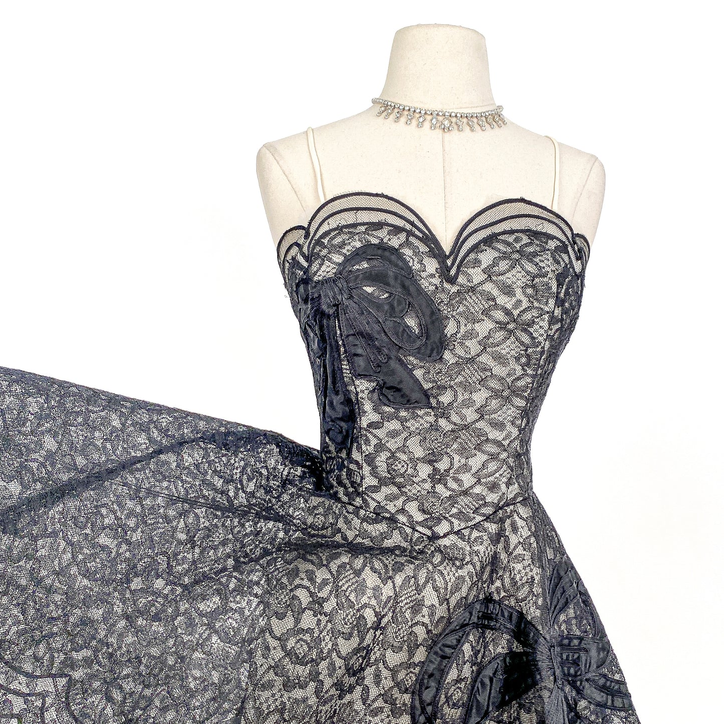 1950s Black Lace and Tulle Gown by Emma Domb / Waist 28