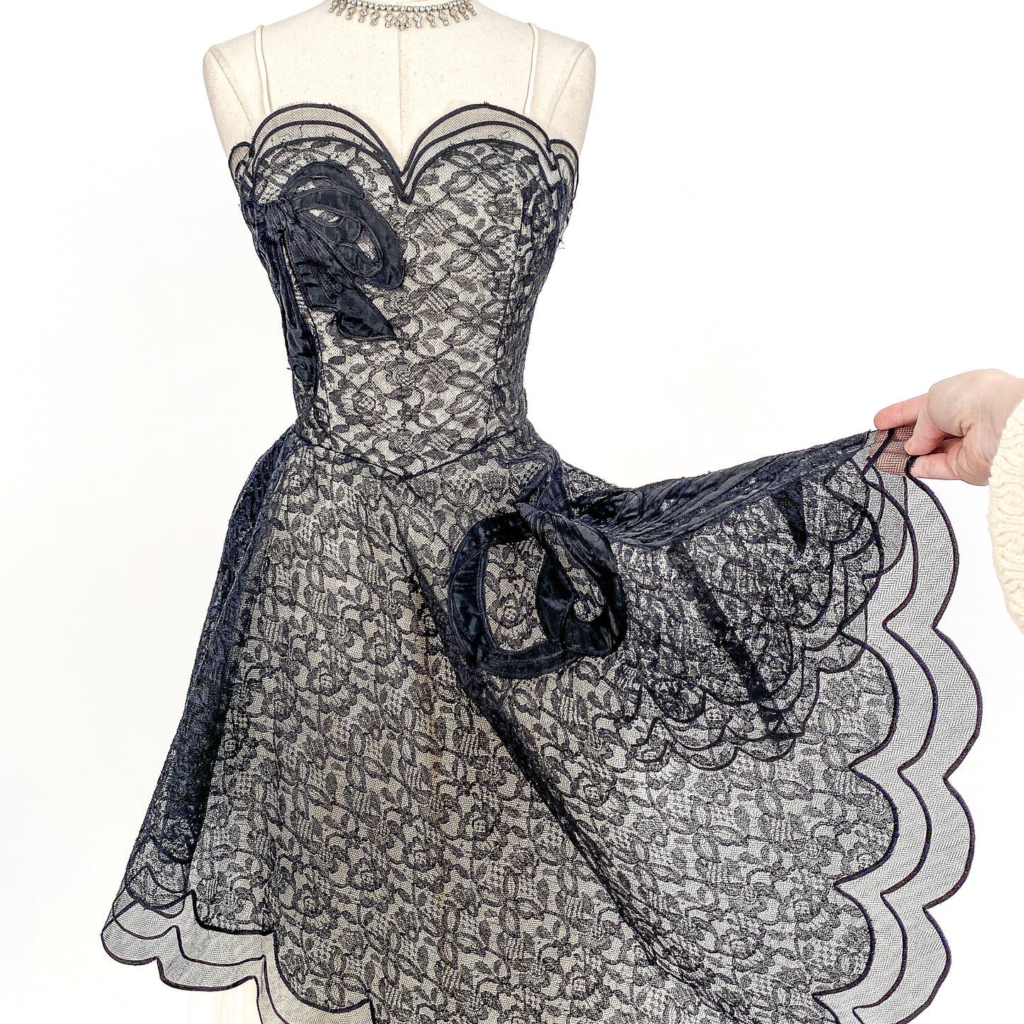 1950s Black Lace and Tulle Gown by Emma Domb / Waist 28