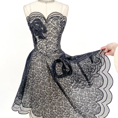 1950s Black Lace and Tulle Gown by Emma Domb / Waist 28