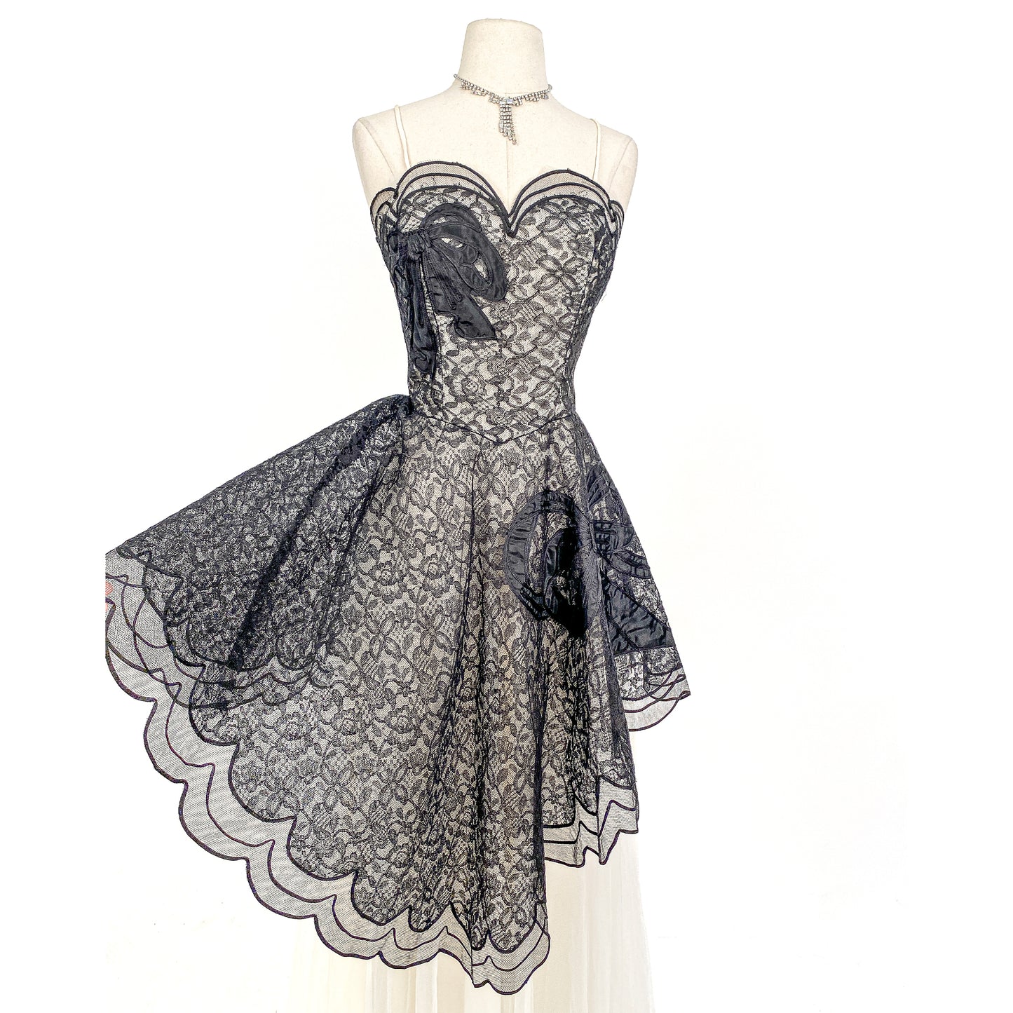 1950s Black Lace and Tulle Gown by Emma Domb / Waist 28