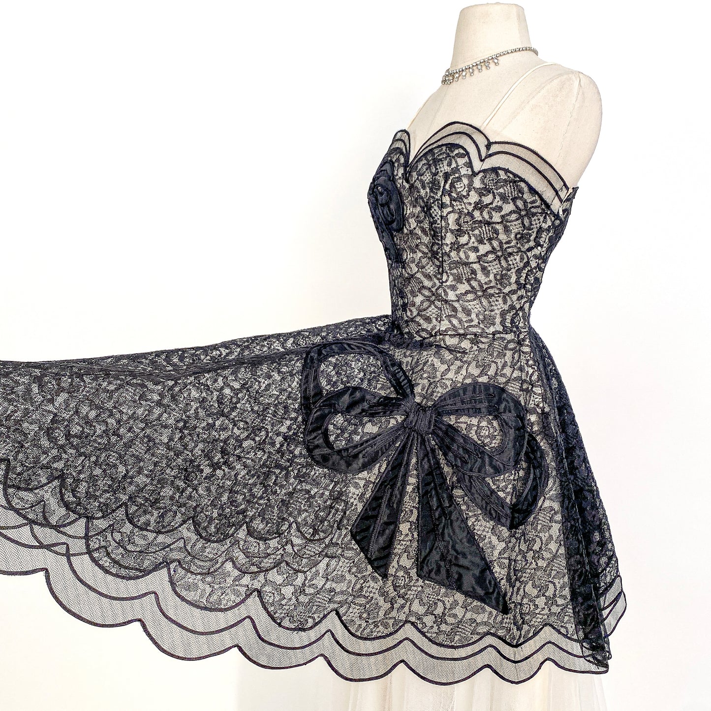 1950s Black Lace and Tulle Gown by Emma Domb / Waist 28