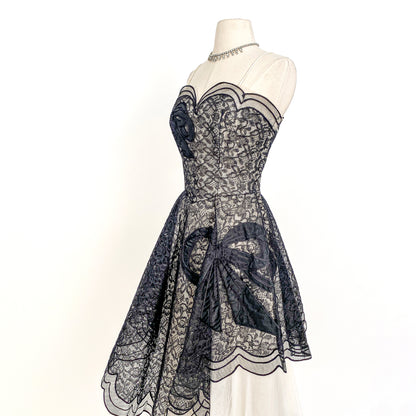 1950s Black Lace and Tulle Gown by Emma Domb / Waist 28