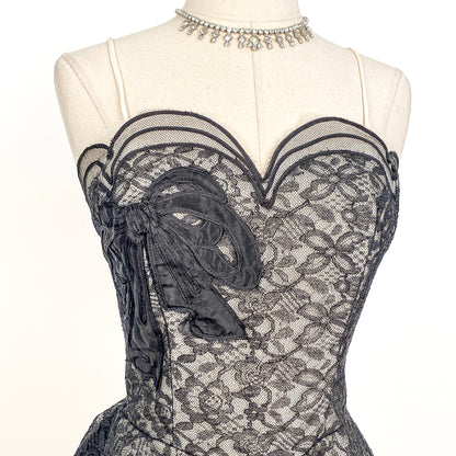 1950s Black Lace and Tulle Gown by Emma Domb / Waist 28