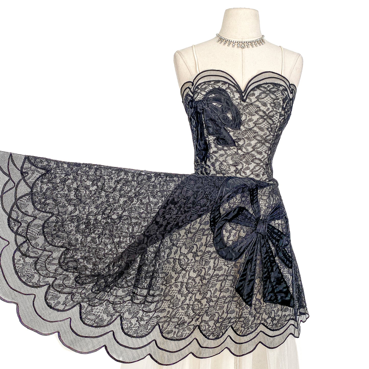 1950s Black Lace and Tulle Gown by Emma Domb / Waist 28