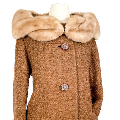 1950s Brown Curly Wool Coat with Fur Trim / Waist 44