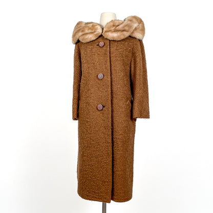 1950s Brown Curly Wool Coat with Fur Trim / Waist 44