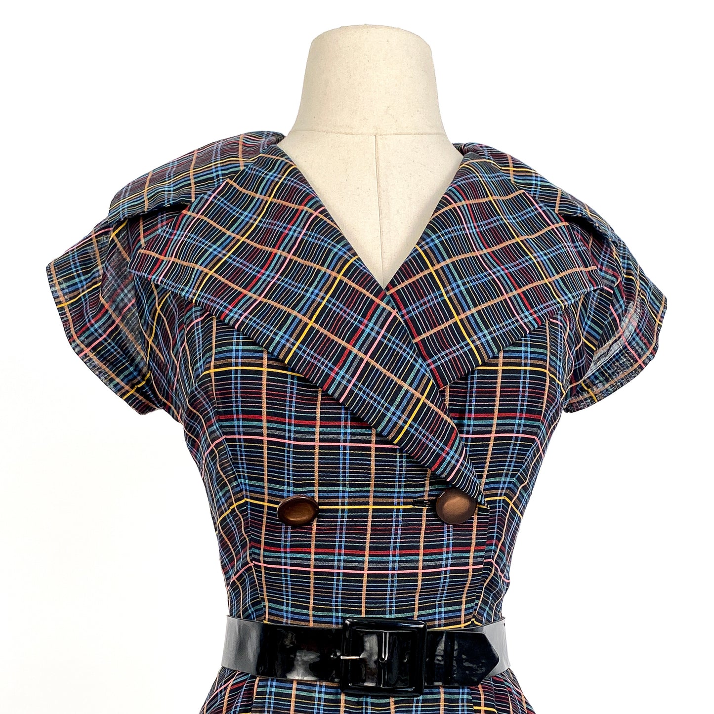1950s Multi-Colored Plaid Cotton Dress / Waist 26