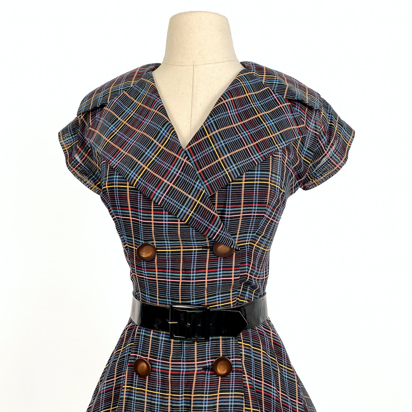 1950s Multi-Colored Plaid Cotton Dress / Waist 26
