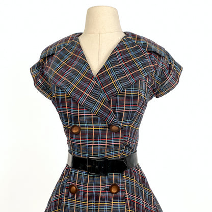 1950s Multi-Colored Plaid Cotton Dress / Waist 26