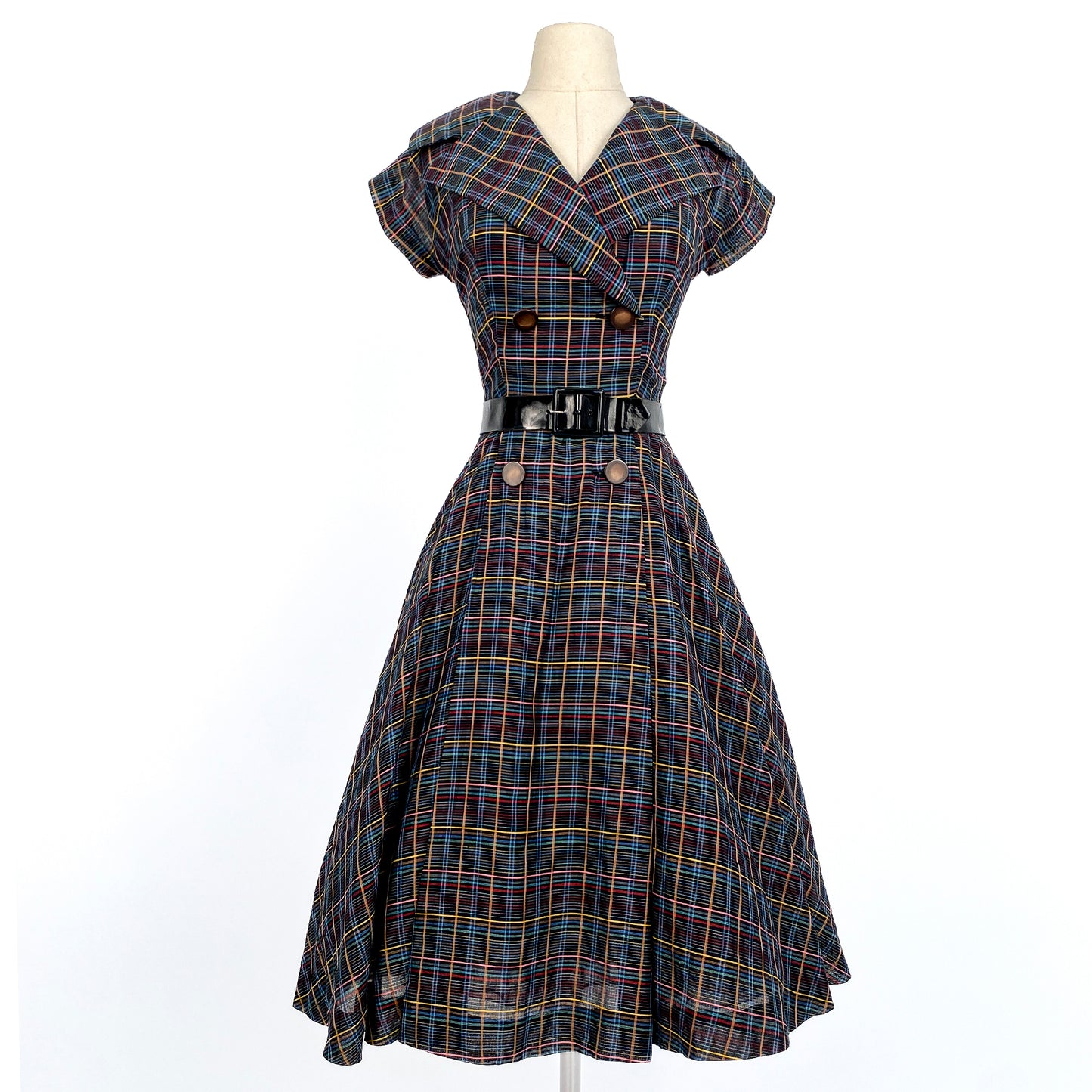 1950s Multi-Colored Plaid Cotton Dress / Waist 26