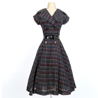1950s Multi-Colored Plaid Cotton Dress / Waist 26