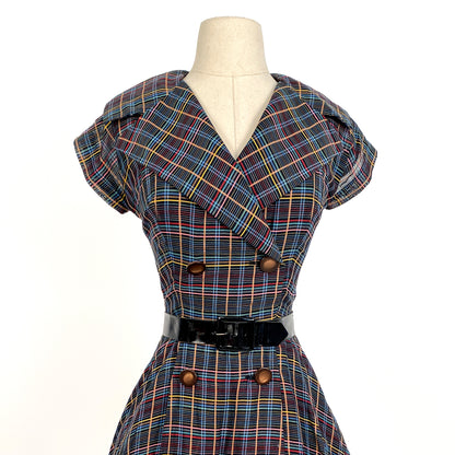 1950s Multi-Colored Plaid Cotton Dress / Waist 26