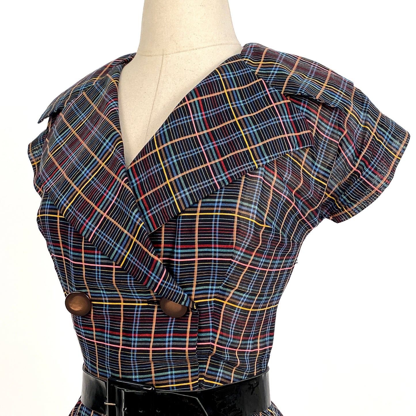 1950s Multi-Colored Plaid Cotton Dress / Waist 26