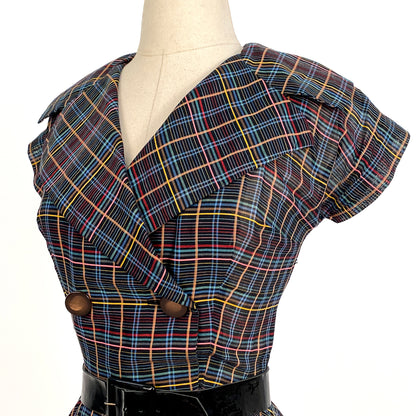 1950s Multi-Colored Plaid Cotton Dress / Waist 26